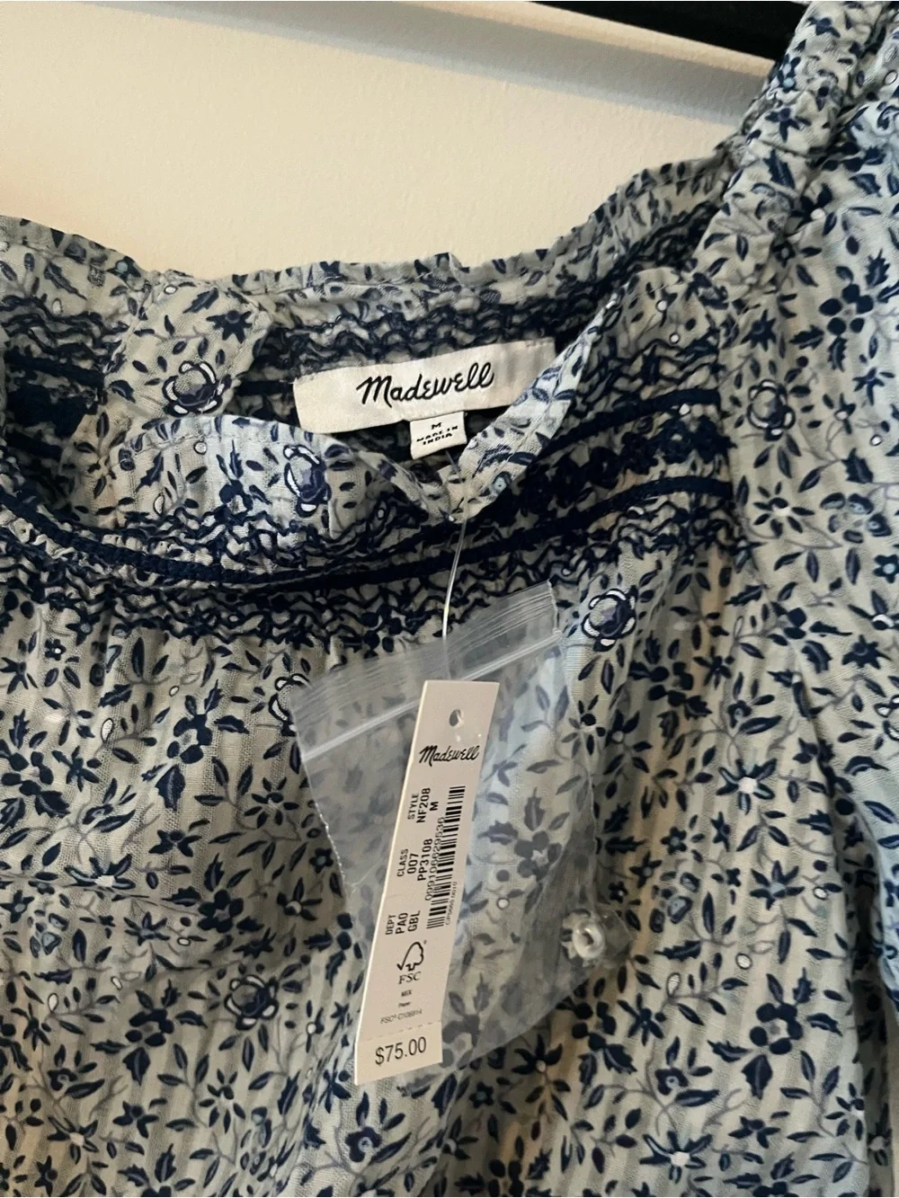 NWT Madewell Blue White Floral Puff Sleeve Crop Top Medium Cottagecore Cotton